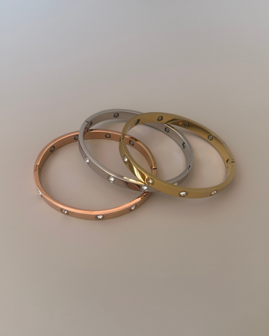 18K Gold-Plated Crystal Zircon Bangle Set - Stainless Steel Silver & Gold Bracelets