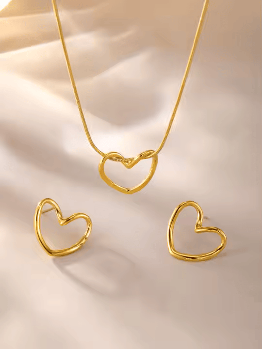 Elegant Stainless Steel Heart Jewelry Set - 18k Gold Plated Earrings for Women