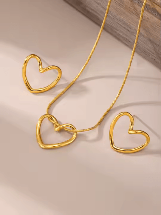 Elegant Stainless Steel Heart Jewelry Set - 18k Gold Plated Earrings for Women
