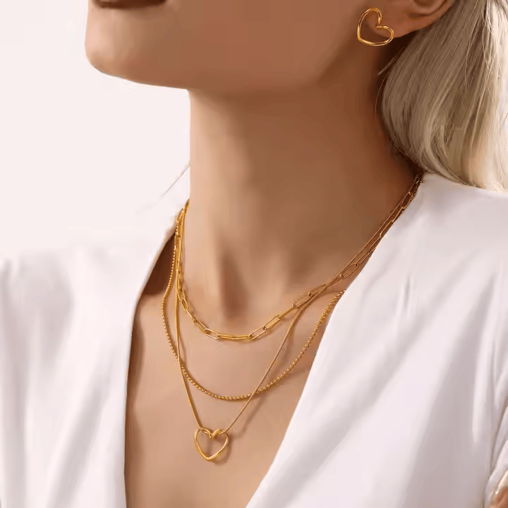 Elegant Stainless Steel Heart Jewelry Set - 18k Gold Plated Earrings for Women