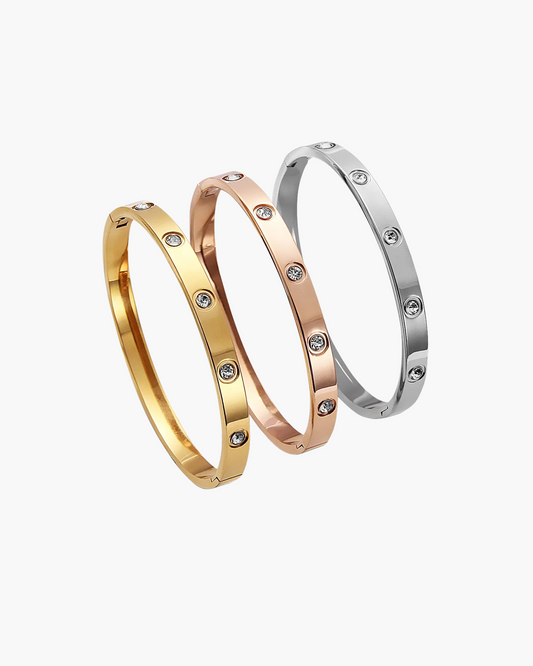 18K Gold-Plated Crystal Zircon Bangle Set - Stainless Steel Silver & Gold Bracelets